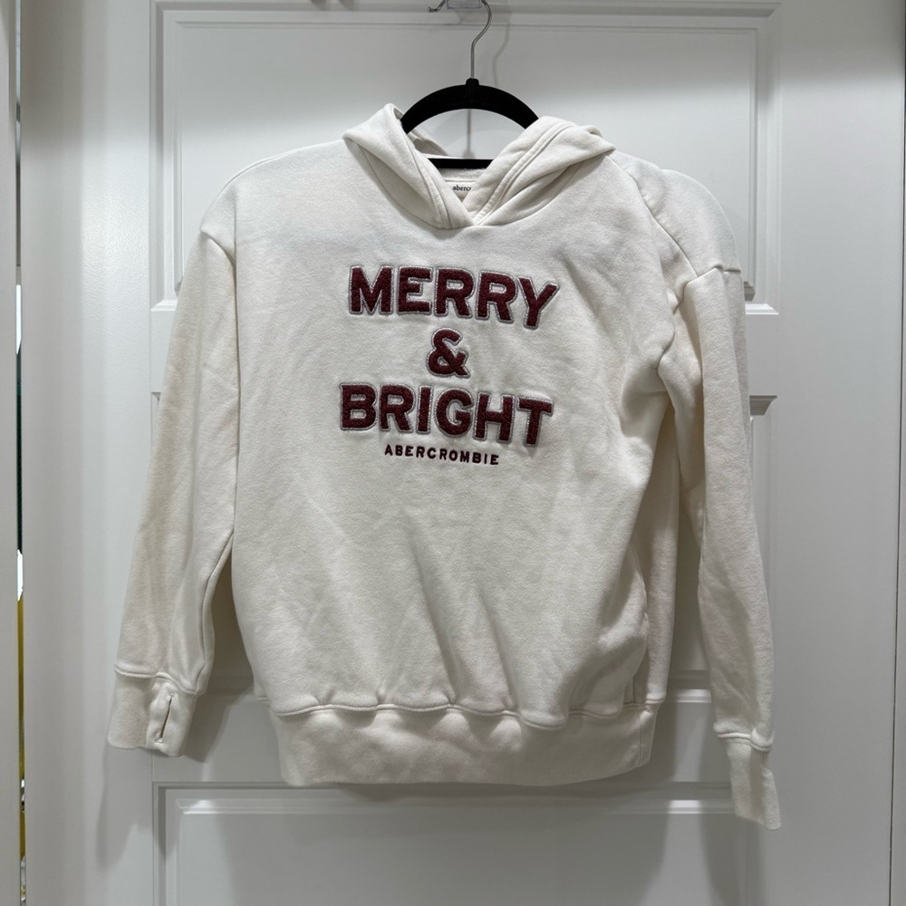 Abercrombie Kids White Merry and Bright Hoodie Sweatshirt 9/10